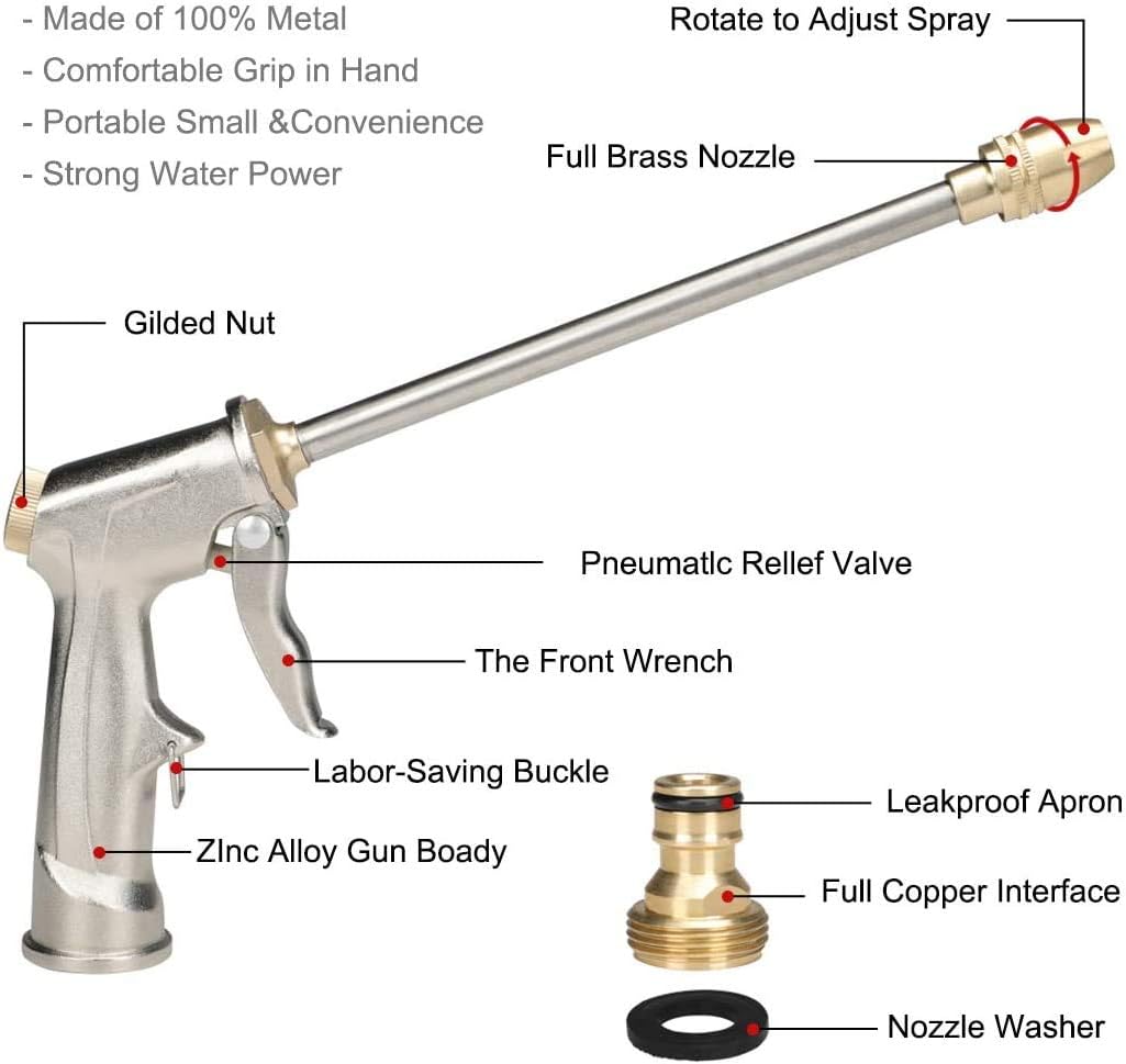 Gießpistole aus Metall, Hochdruck-Gießkanne aus Metall mit Messingdüse zum Autowaschen, Reinigen, Bewässern von Gärten und Rasenflächen – lang