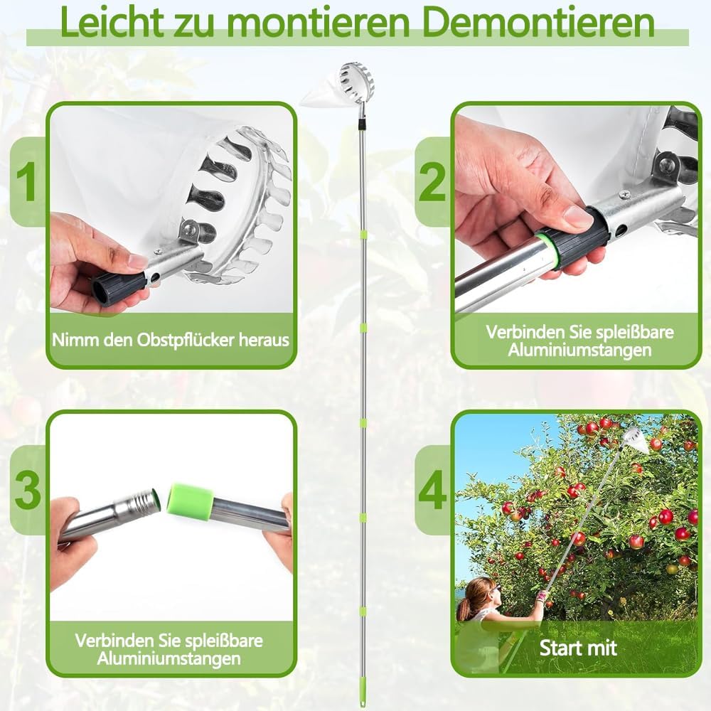 Teleskop-Obstpflücker, 3,2 m Apfelpflücker, Abnehmbarer Obstpflücker, Gartenpflückwerkzeug für Baumbirnen-Pfirsiche-Obstpflücker