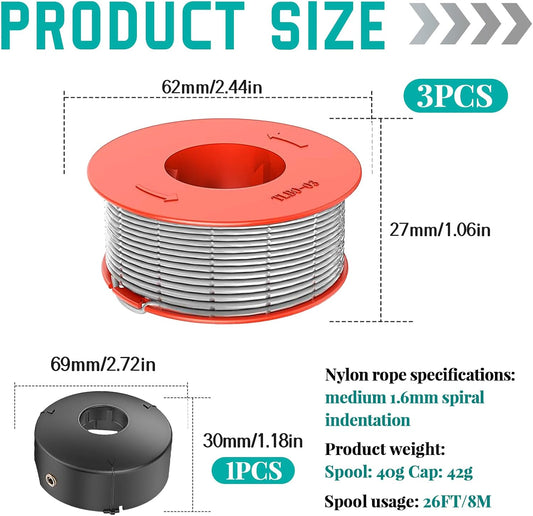 3 replacement thread spools for Bosch ART 23/26/30 Combitrim 23/26 Easytrim trimmer, for Bosch single thread spool F016800175, with 1 for Bosch spool cover